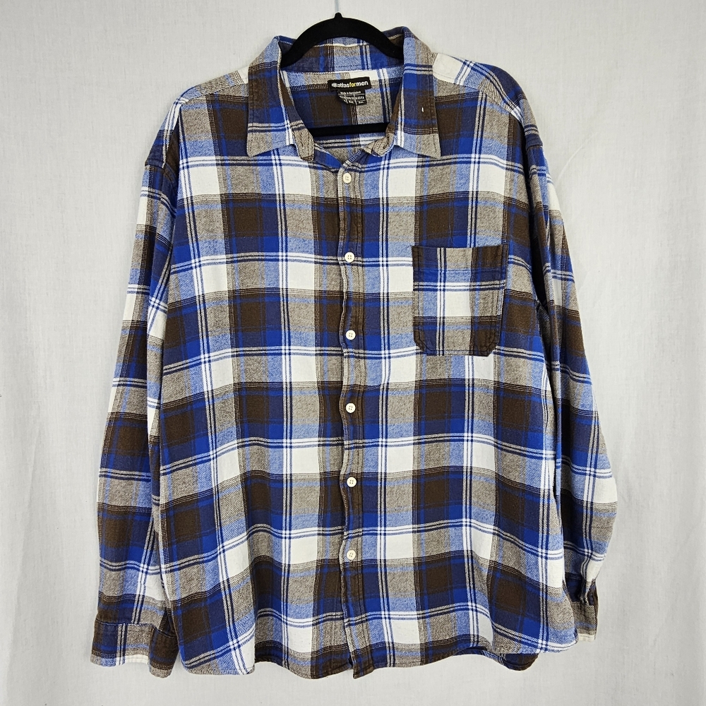 Atlas‎ for Men Button Up Shirt Blue Brown White Plaid Size 3X